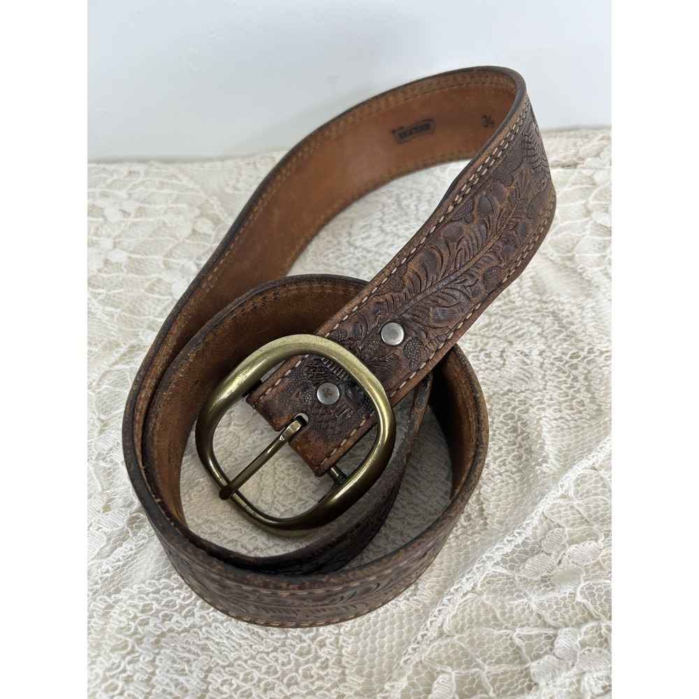 TexTan Vintage Brown Leather Embossed Western Belt Brass Buckle Size 34 Made USA